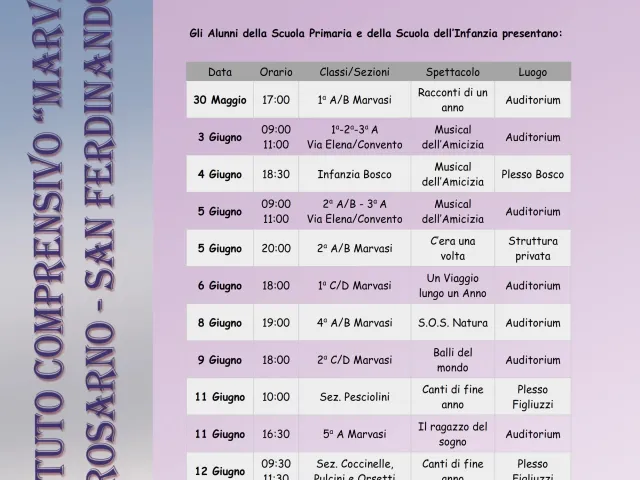 Calendario manifestazioni di fine anno scolastico